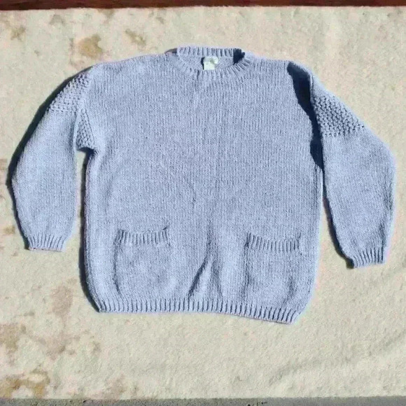 VINTAGE TANGIERS Ski Sweater Boxy Knit Pocket Light Blue Metallic Women Small - Picture 1 of 10
